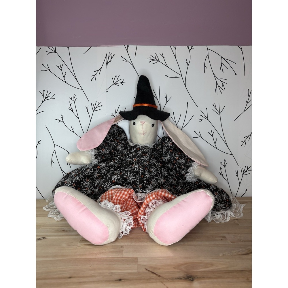 Large Halloween Rabbit Plush Stuffed Animal Witch Hat Spiderweb Dress Grannycore